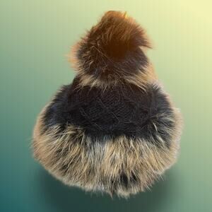 Village House Poland Knit Hat Black Faux Fur Pom Poms Wool Blend One Size Beanie